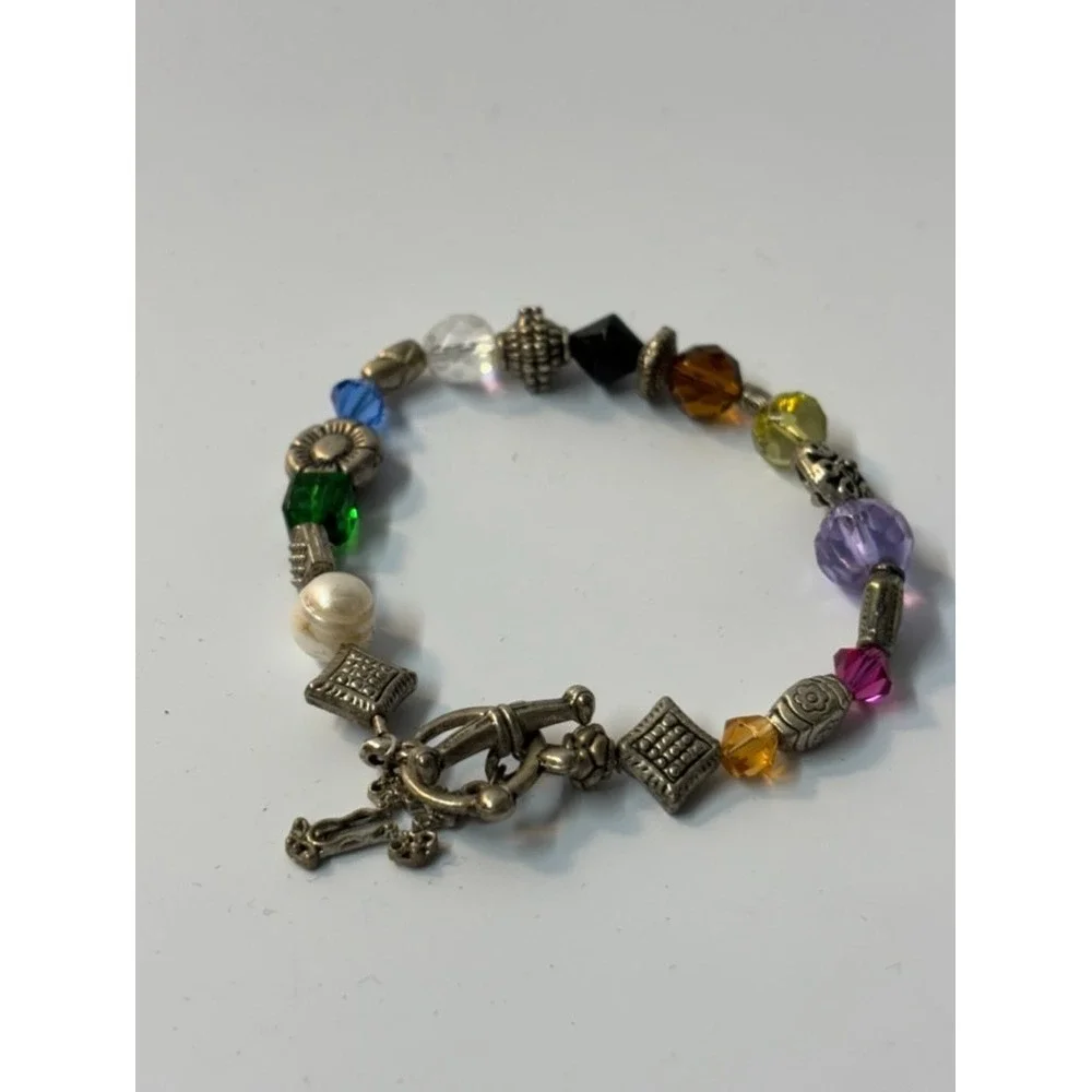 Y2K Charm Bracelet Silver Tone Purple‎ Green Yellow Beads Cross Crucifix